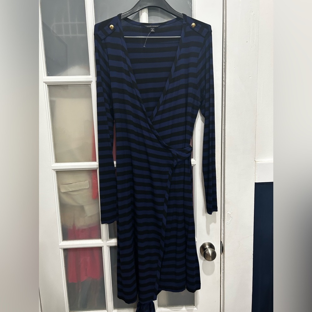 Banana Republic Black Blue Stripe Long Sleeve Stretchy Wrap Dress Size Medium